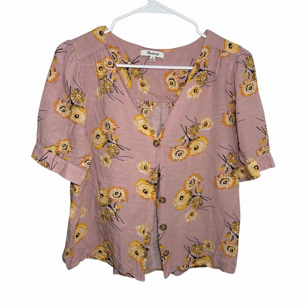 Madewell Plaza Dandelion Button Front Top Floral Blouse Linen Blend Pink Women M